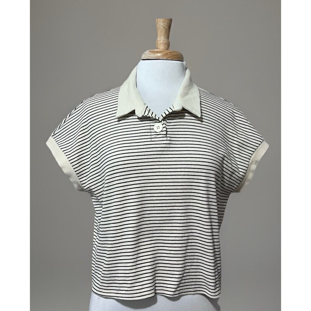 Atelier by Kirious Womens XL Ivory Black Striped Polo Crop Top Summer Casual
